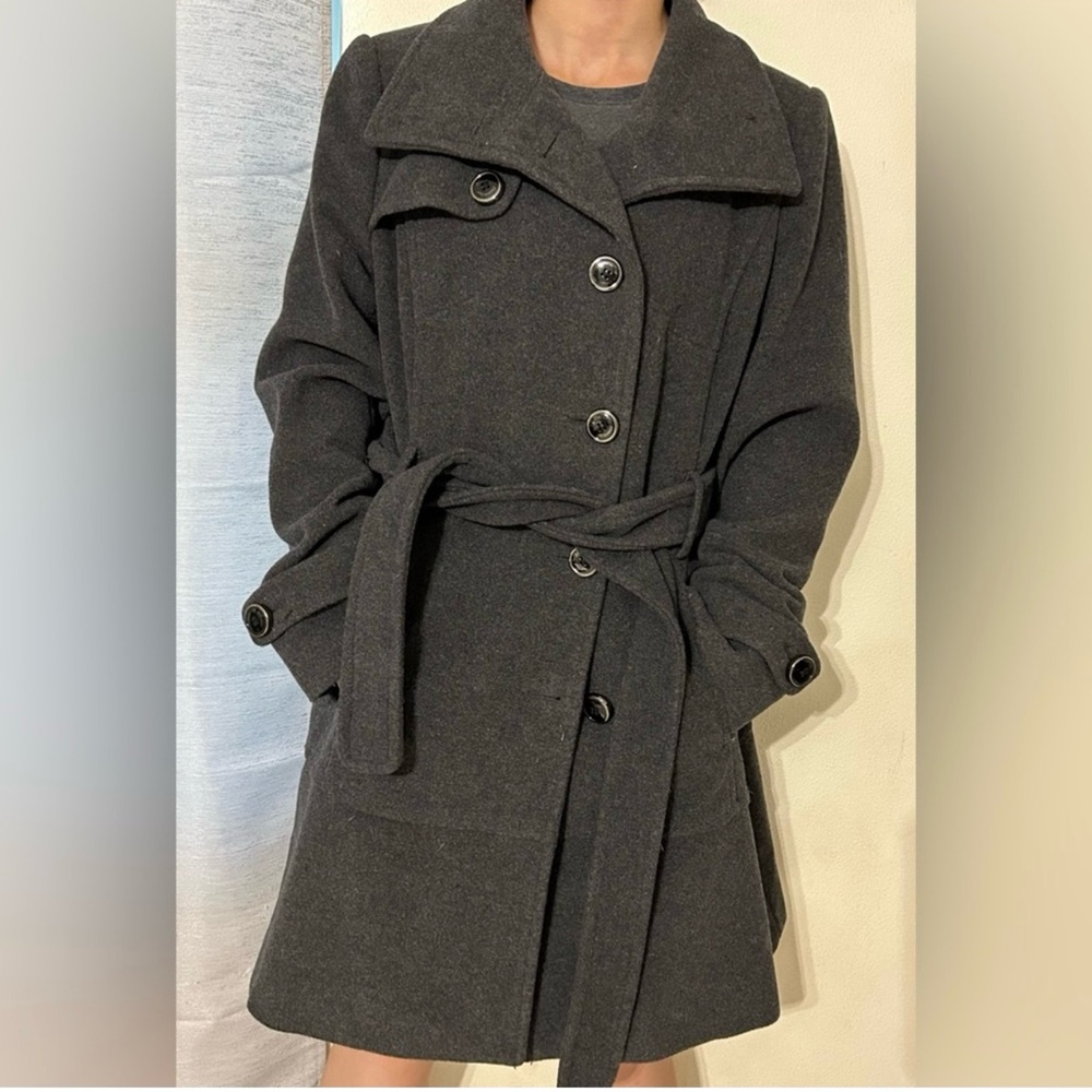 Kenneth Cole Black Wool Blend Coat Wide Collar Belted Waist